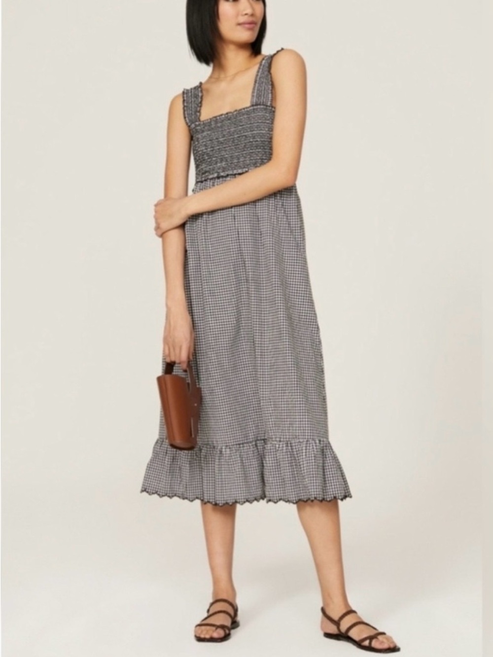 Rails Black and White Gingham Smocked Midi Dress